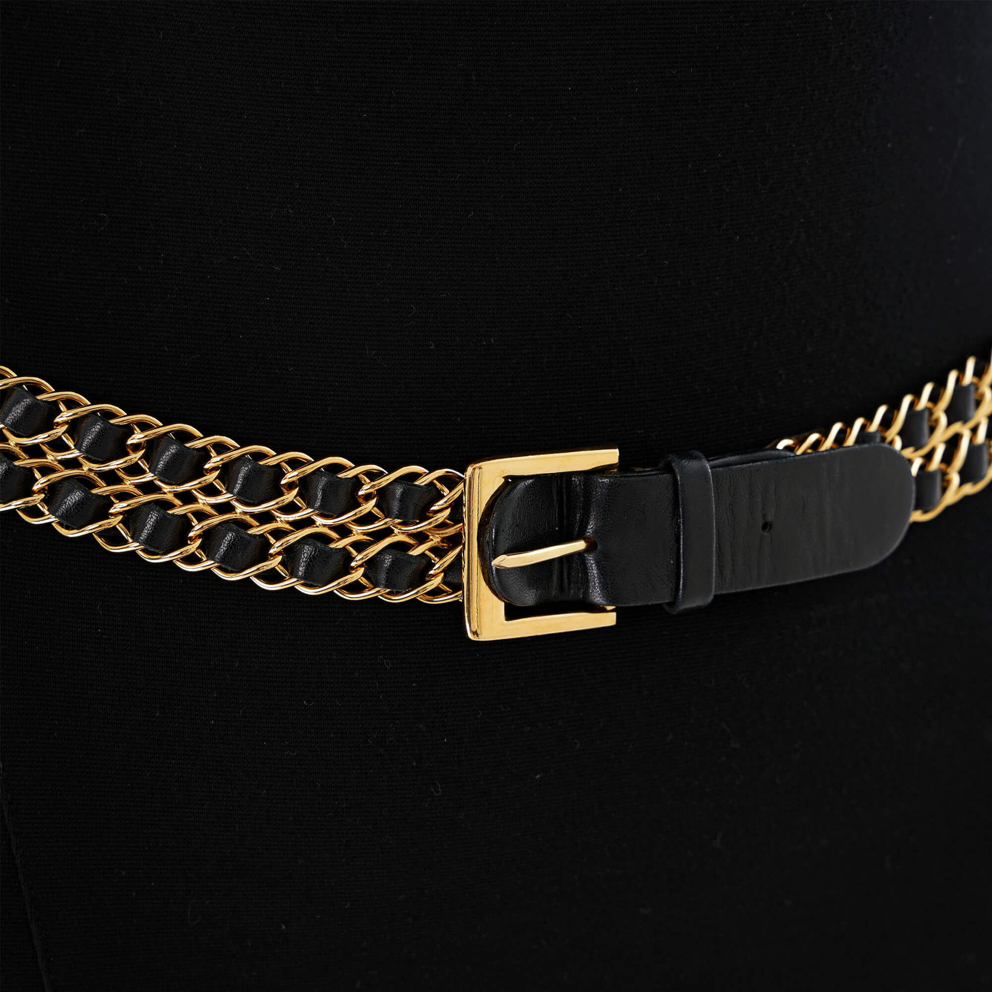 Chanel - Vintage Black Leather & Gold Chain Regular Belt 85/34 - 91cm